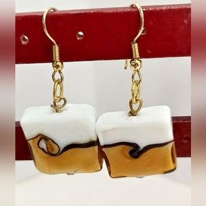 Lampwork Glass Bead Dangle Earrings Gold Tone Square Glass Bead Vintage